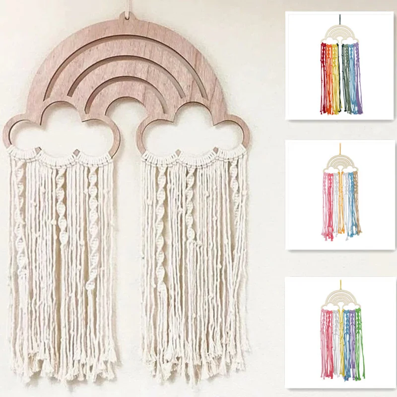 

Vintage Wooden Rainbow Cotton Tassels Baby Room Wall Hanging Handmade Macrame Home Decor Handcrafted Girls Room Indian Ornament