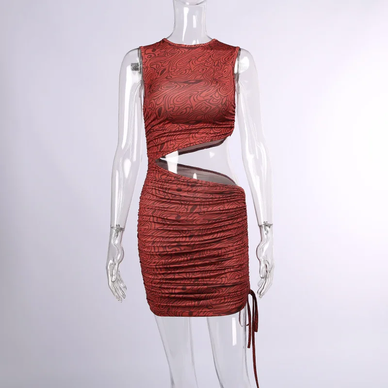 

WJFZQM Sexy Bodycon Print Pleated Dress Women Summer Short Pencil Dress Party Club Hollow Out Drawstring Sleeveless Mini Dresses