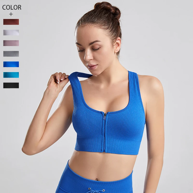 

Ribbing Top Women Bra Sexy Zipper Top Woman Breathable Underwear Women Seamless Fitness Yoga Sports Bra For Removable Inner Pad