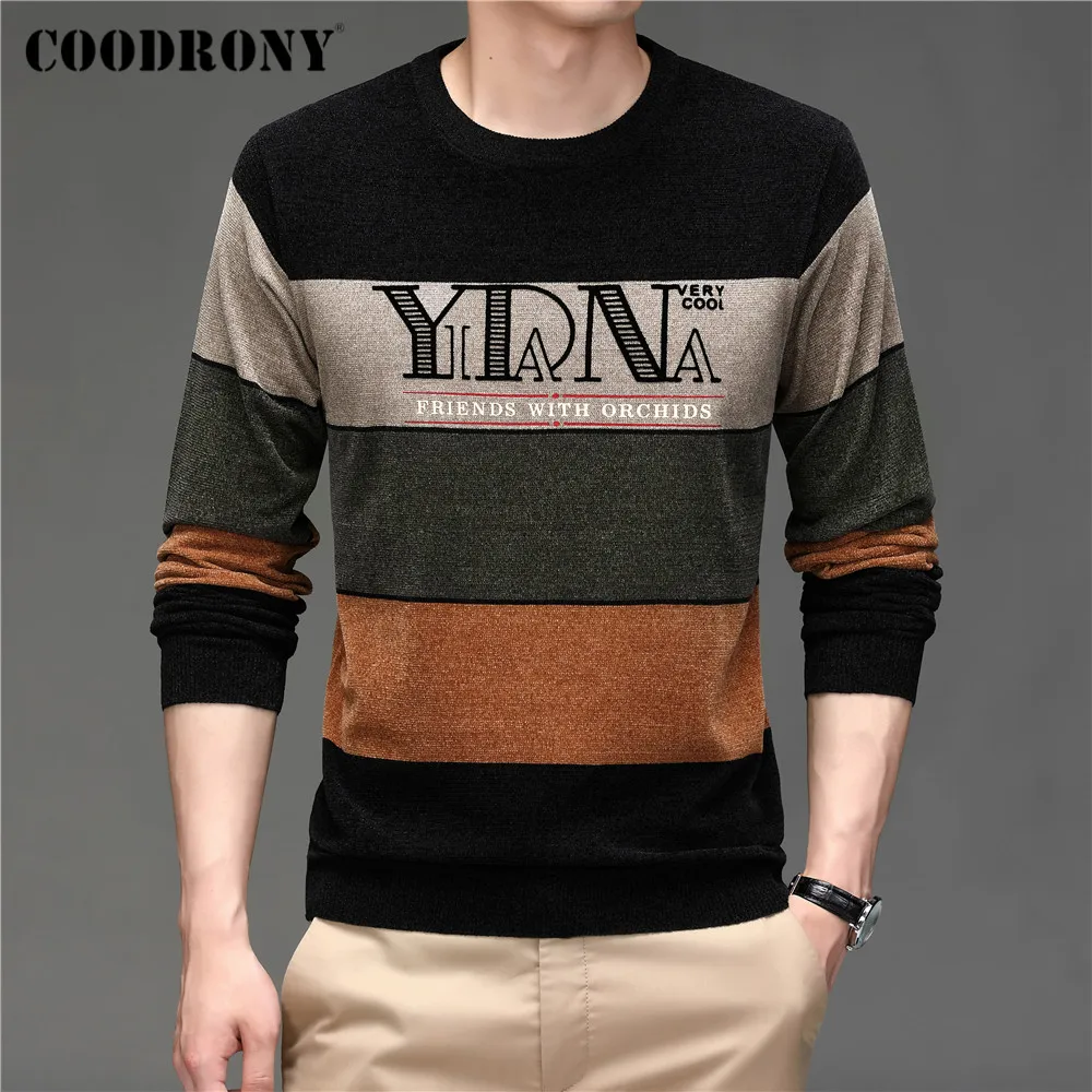 coodrony brand autumn winter soft warm chenille wool sweater streetwear fashion striped jersey knitted o neck pullover men c1356 free global shipping