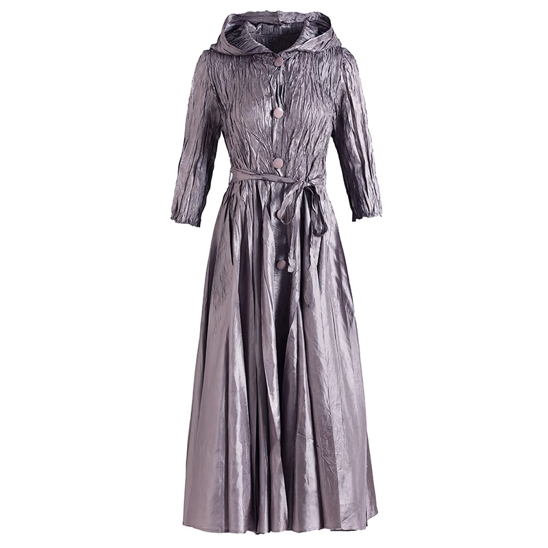 

Plus Size Dress 2021 Women Spring New Hooded High Quality Elastic Loose Miyake Pleated A Line Dress For Women Weight 45-75kg