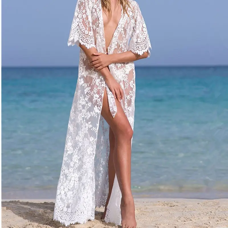 Long Cardigan Beach Wear Cover Up Women White Kaftan Beach Dress Tunic Summer Lace Pareo Bikini Cover-Up Swimsuit Sexy Robe