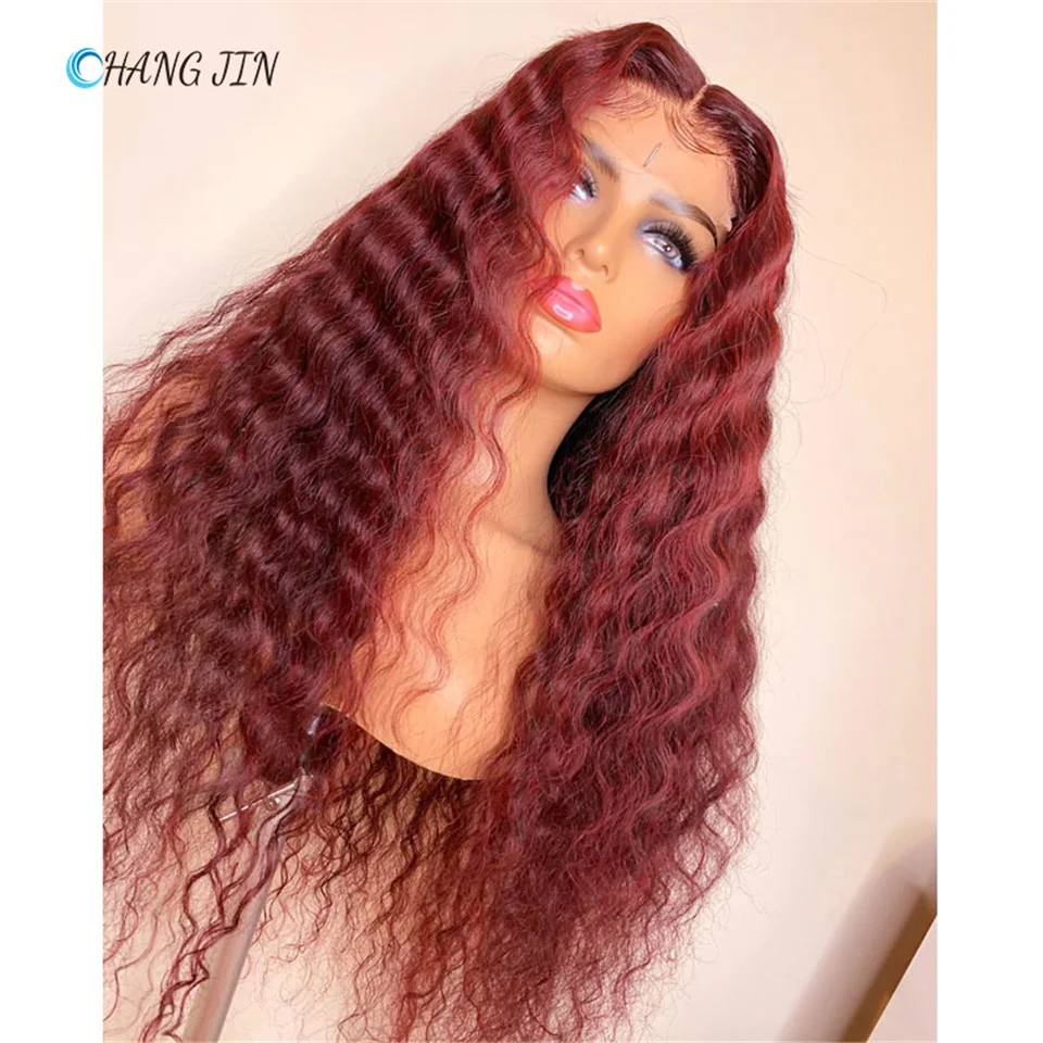

CHAGNJIN Burgundy Red Lace Human Hair Wigs For Women 180% Density 99J Ombre Brazilian Curly Natural Pre Plucked Perruque Cheveux