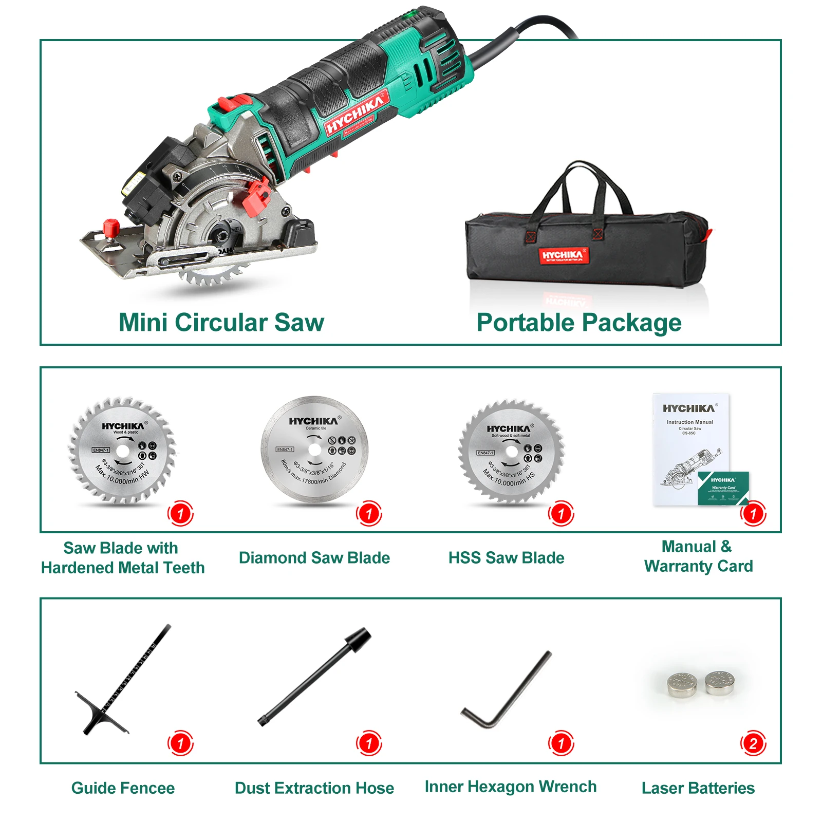 HYCHIKA-minisierra Circular eléctrica multifuncional, herramienta de bricolaje para cortar madera, tubo de PVC, con láser, 500 V, 120V, 220 W