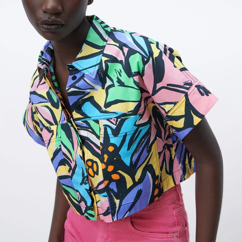 

HWLZLTZHT Print Poplin Cropped Shirt Women Vintage Short Sleeve Summer Shirts Woman Fashion Fornt Patch Pockets Casual Tops