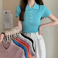 itoolin womens ribbed button up polo shirt female chic plain short sleeve candy colors top stretchy slim tee shirts knitting