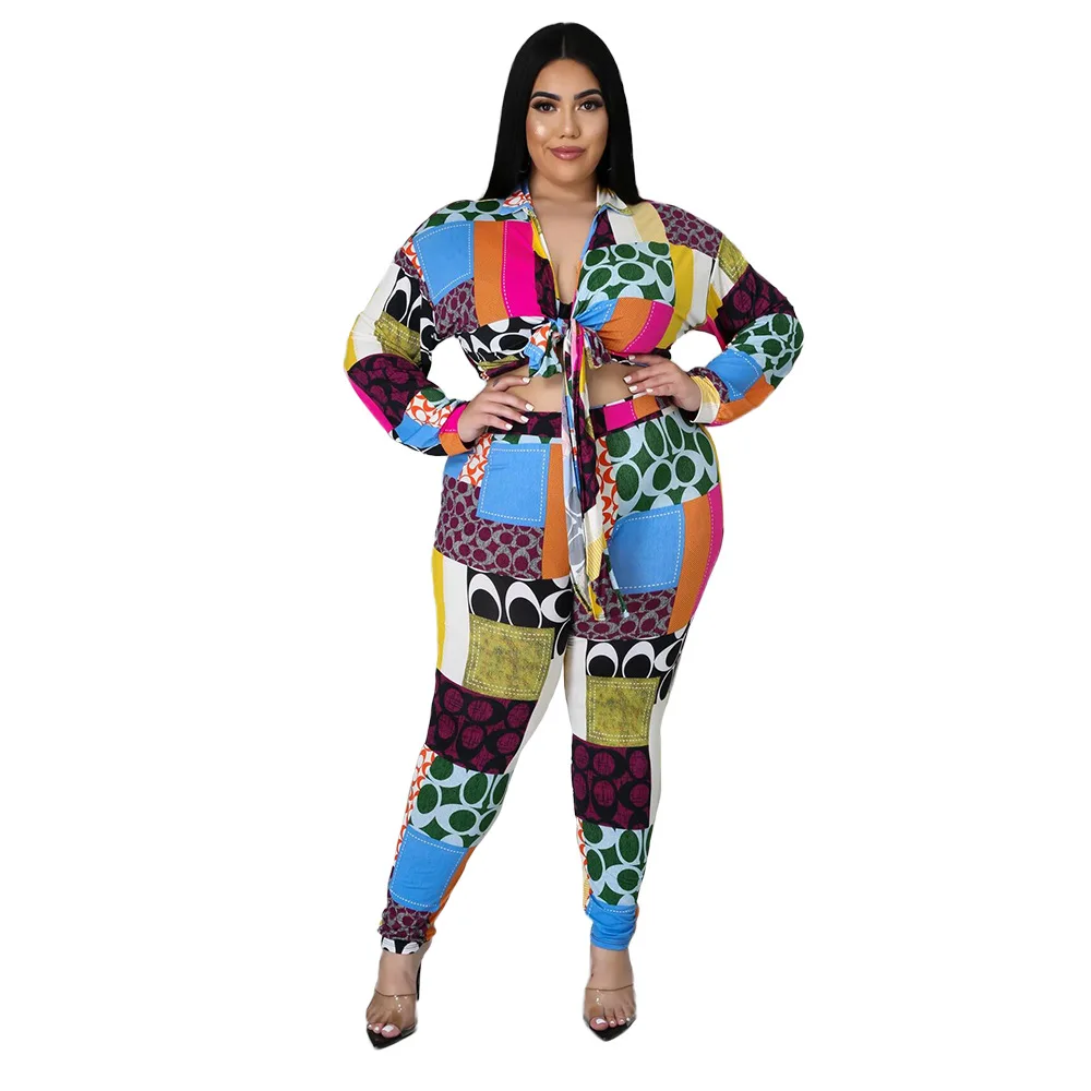 

Echoine Irregular Printed Bandage Women Set Fashion Close-fitting Casual Suit Plus Size