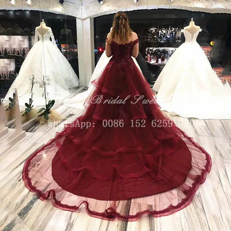 

2020 Appliques Beads Burgundy Tulle Wedding Dress Off Shoulder A Line Long Chapel Train Bridal Dresses Vestidos De Novia