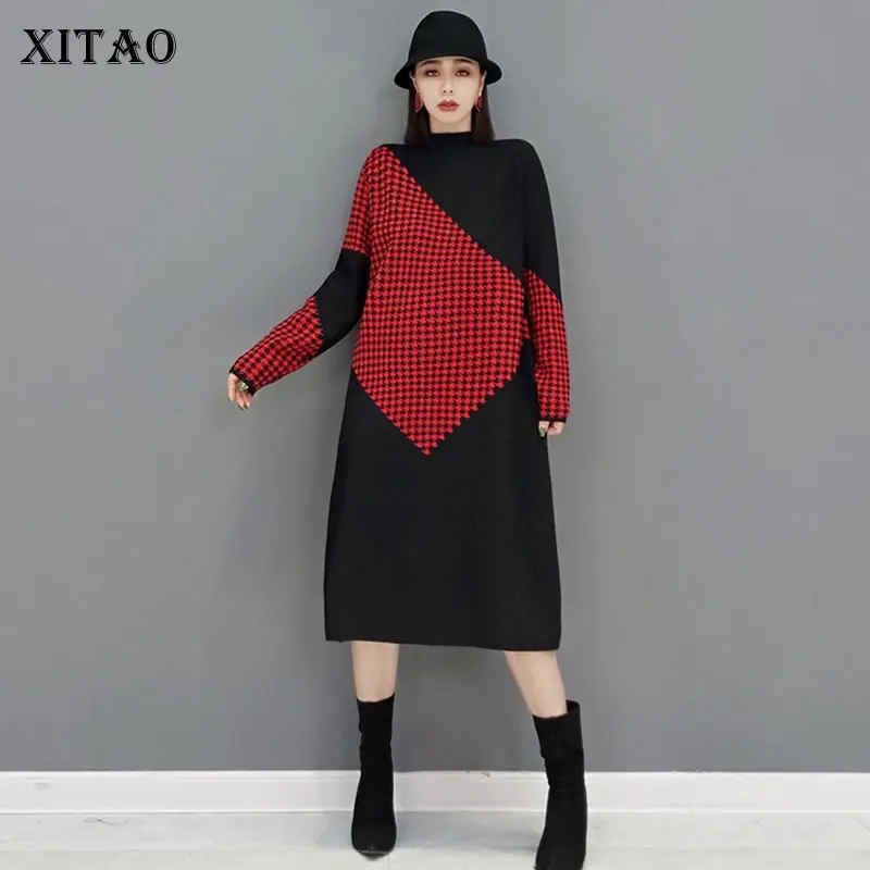 

XITAO Plaid Patchwork Pullover Dress Women 2021 Autumn New Personality Fashion Loose Half High Collar Full Sleeve Dress GWJ0913