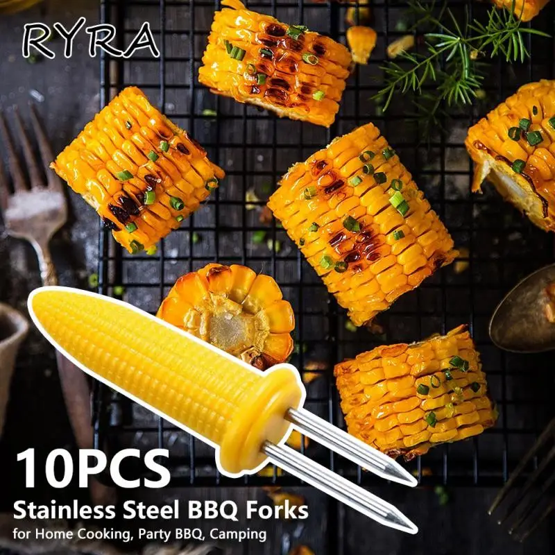 

10pcs Small Stainless Steel Corn Forks Plastic Handle Grilling Fork Portable Fruit Holder Cooking Barbecue Camping Supplies