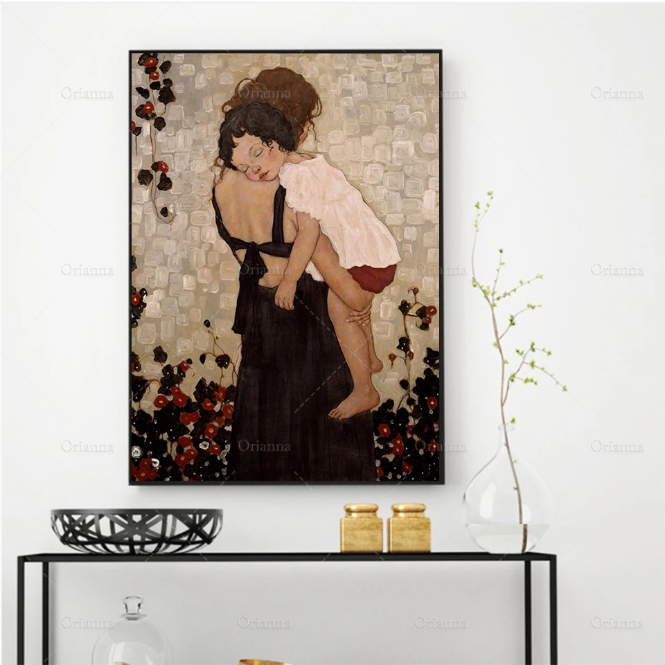 

Famous Abstract Painting Mother And Child by Gustav Klimt Canvas Painting Wall Art Prints Picture For Living Room Decor Cuadros