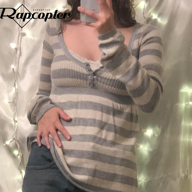 

Rapcopter Y2K Button Sweaters O Neck Full Sleeve A-Line Jumpers Sweet Cute Striped Pullovers Women Autumn Winter Knitwear Retro