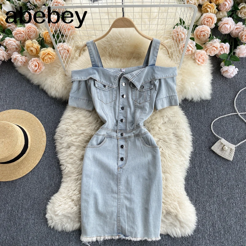 

Women Denim Strap Dress Elegant Solid Slim Pencil Dresses Summer Sexy Off Shoulder Streetwear Short Dress