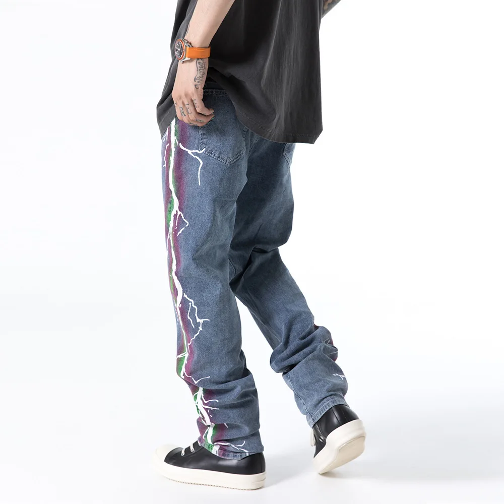 2021 Stylish Side Lightning Print Punk Vintage Men Oversize Jeans Trousers Distressed Hip Hop Straight Casual Baggy Denim Pants