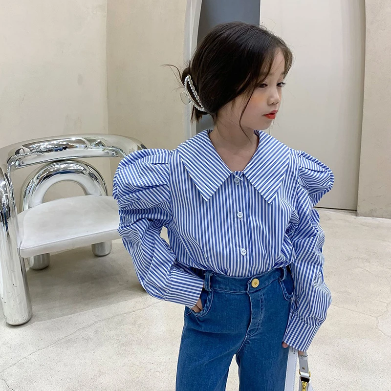 

Spring Autumn Girls Blouse Baby Shirt Kids Blouse Children Clothes Fashion Striped Pleated Puff Sleeve Cotton 2 To 7 Yrs