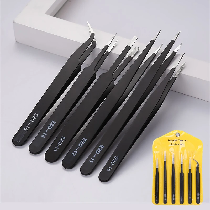 

6Pcs/Set Anti-static ESD Stainless Steel Tweezers Maintenance Tools Curved Straight Tweezers For Picking Up Gems Repair Tools