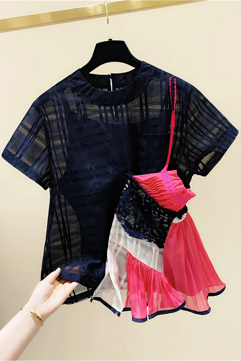 

2021 Summer New Lace Strap T-shirt Stitching Fake Two-Piece Jumper Organza Irregular Short Sleeve T Shirt Female Fashion Tops