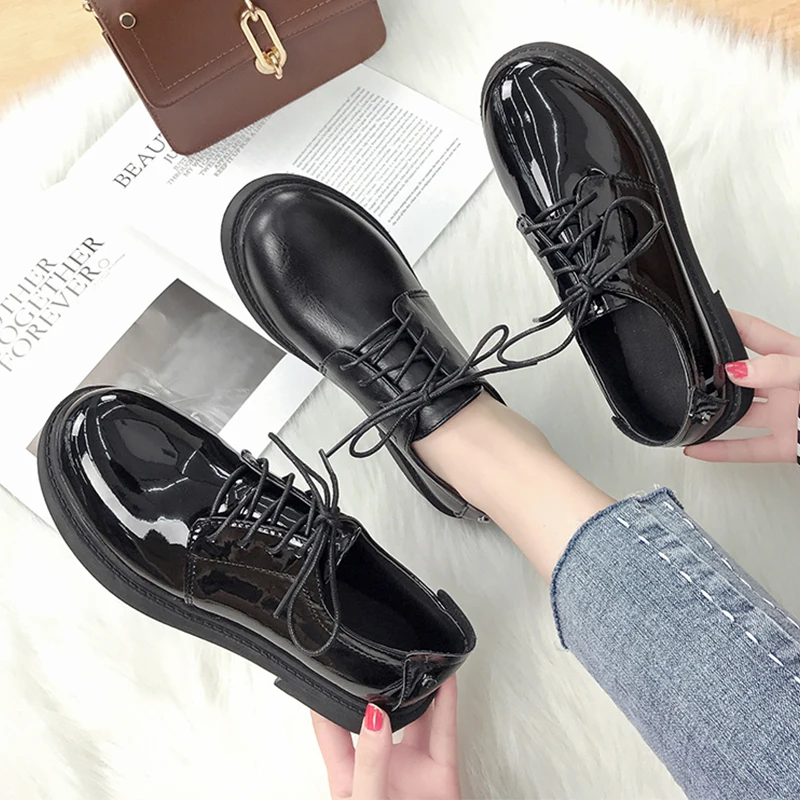 

2021 New Spring Oxford Shoes Women Loafers Boat Shoes Black Leather Flats Shoes Women Classic Casual Lace Up Womens Flats