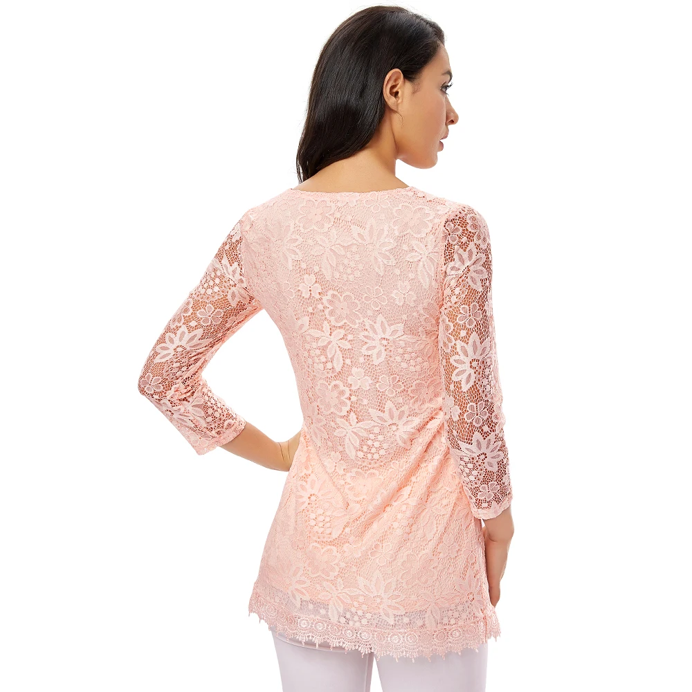 New Women Lace Blouse Three Quarter Sleeve Floral Vintage Tops Round Neck Pink Blusa Shirt Ladies Plus Size Blouses H009