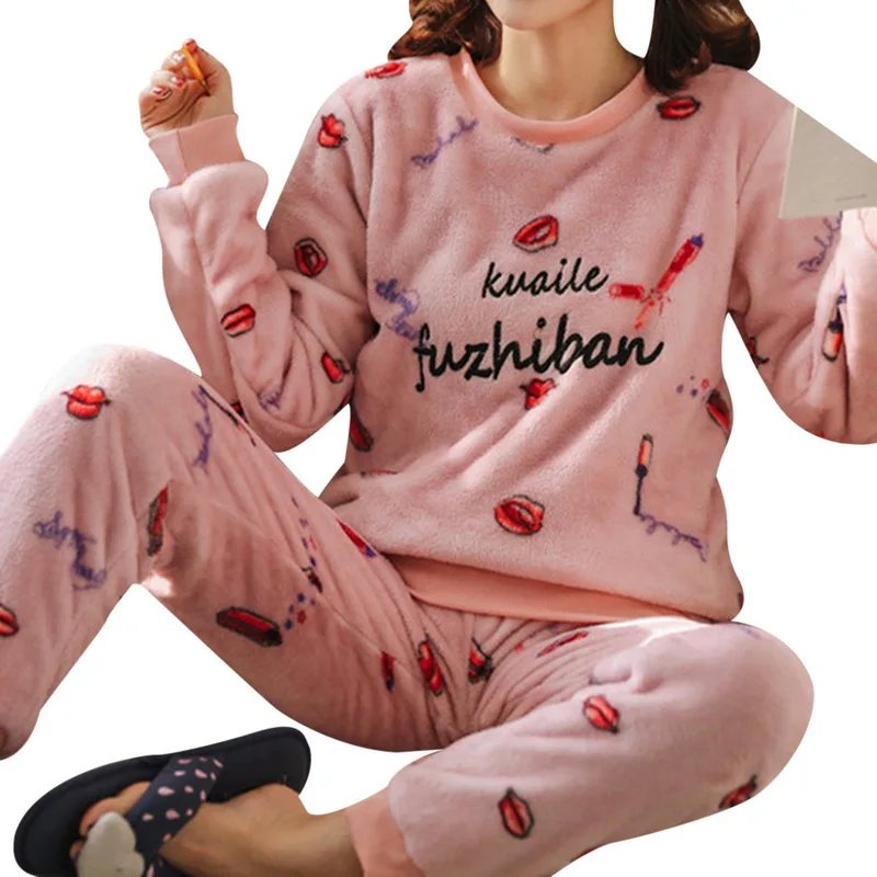 

2 Pieces Winter Women Thicken Warm Soft Pajamas Female Flannel Pajamas Set Long Sleeve Full Trousers Two Piece Pajamas Homewear