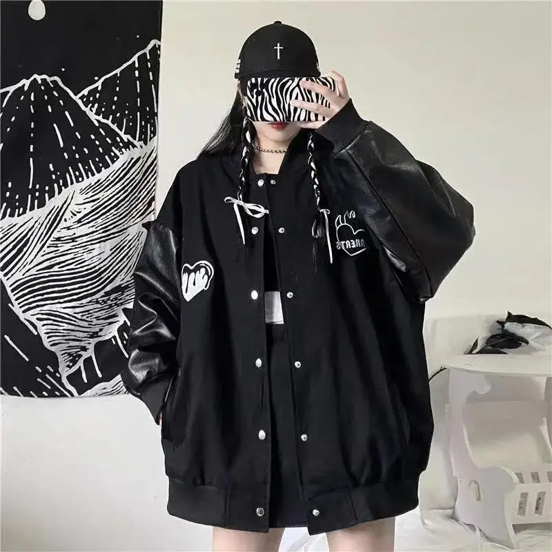 

Lady Loves Print Baseball Uniform Jackets Women Tide Button Pocket Couple Jackets Y2K Casual Loose Bomber Coats Women's Jackets