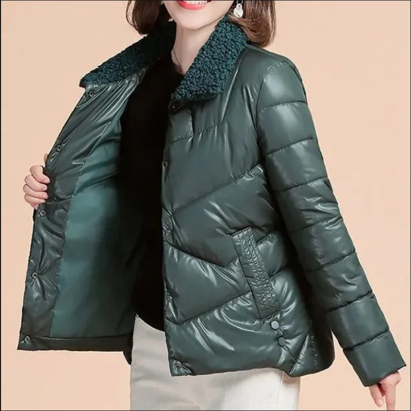 Women Winter Padded Coat Thick Warm Long Sleeve Pocket Down Jacket Turn-down Collar Single-breasted Outerwear