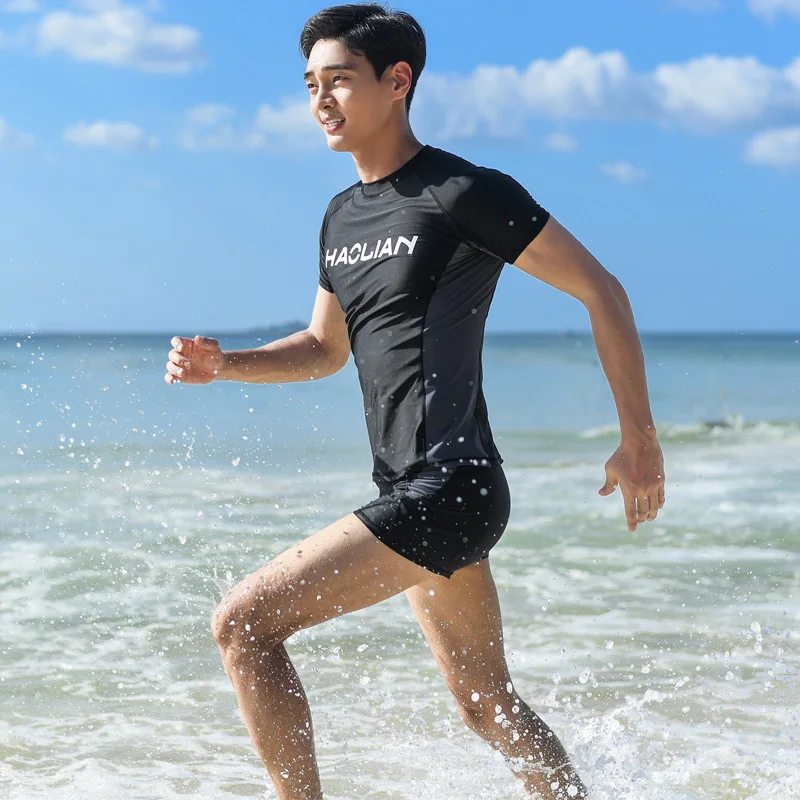 New Men's Swimwear Suit Short-sleeved Shirt Boxer Swim Trunks Loose XL Split Swimwear Quick-drying