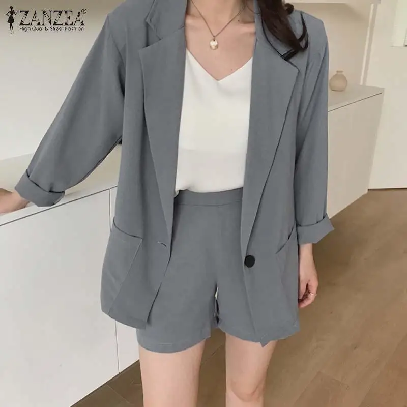 

2021 Autumn Solid Office Coats And Shorts ZANZEA Long Sleeve Cardigan 2 Pieces Sets Lady Work Outwear Women Fashion Blazer Suits