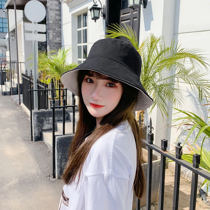 

2021 New Wide Brim Sun Hat Women Casual Double Sided Solid Color Bucket Hats Panama Bob Hat Girl Summer Travel Sunscreen Hat