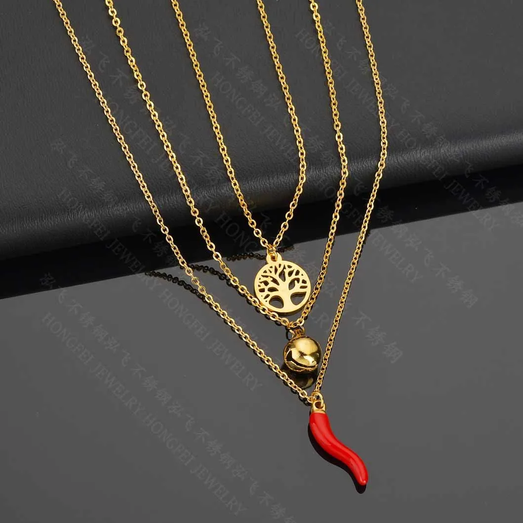 Bohemian Tree of Life Multi-layer Choker Necklaces Stainless Steel Chili Pendant Necklace Trendy Hot Pepper Bell Chain Jewelry | Украшения