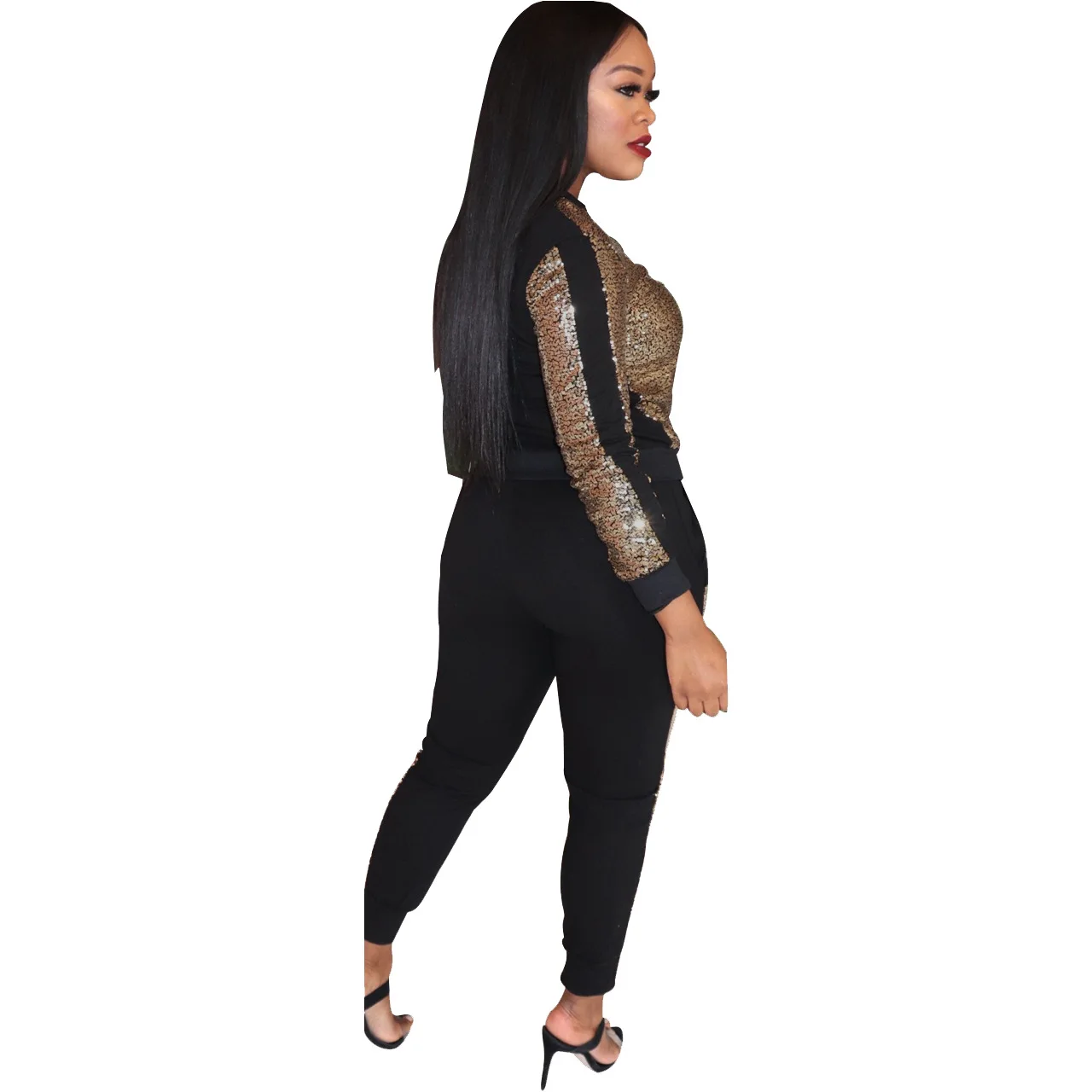 

Fall Winter Fashion Plus Size Sequined Patchwork Glitter Tracksuit Jogging Suits for Women Zipper Top+Pencil Pants Clothing Sets