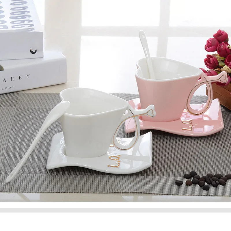 Cup Bone China Ceramic heart cup creative couple set coffee with spoon gift pink white | Дом и сад