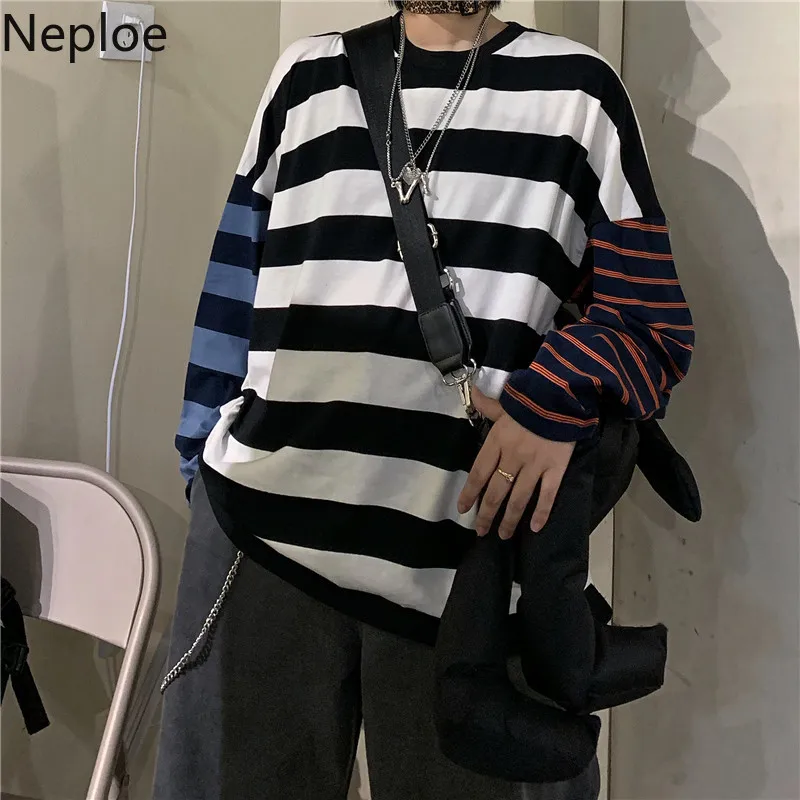 Neploe/футболка в полоску; сезон осень-зима; корейские свободные женские и мужские футболки в стиле Харадзюку; повседневные модные футболки с длинными рукавами; 54111