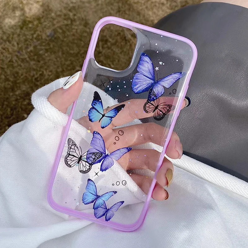 

Cute Cartoon Laser Card Butterfly Phone Case for IPhone 12 Pro 11Pro Max XS Max XR X 7 8Plus Pink Purple Glitter Clear TPU Cover