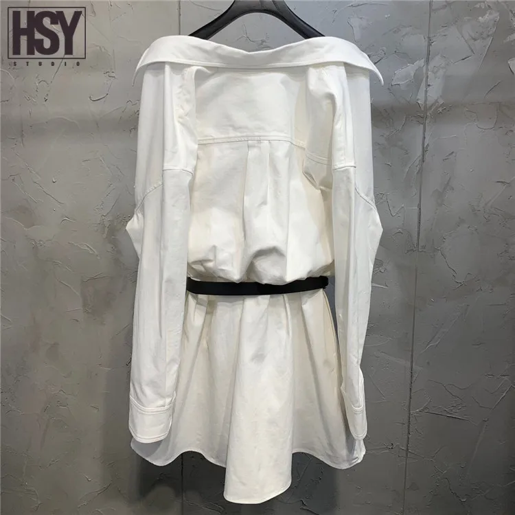 【HSY Studio】2019 new autumn women dress nets yarn vest patchwork fake two piece black belt off shoulder cotton white shirt | Женская