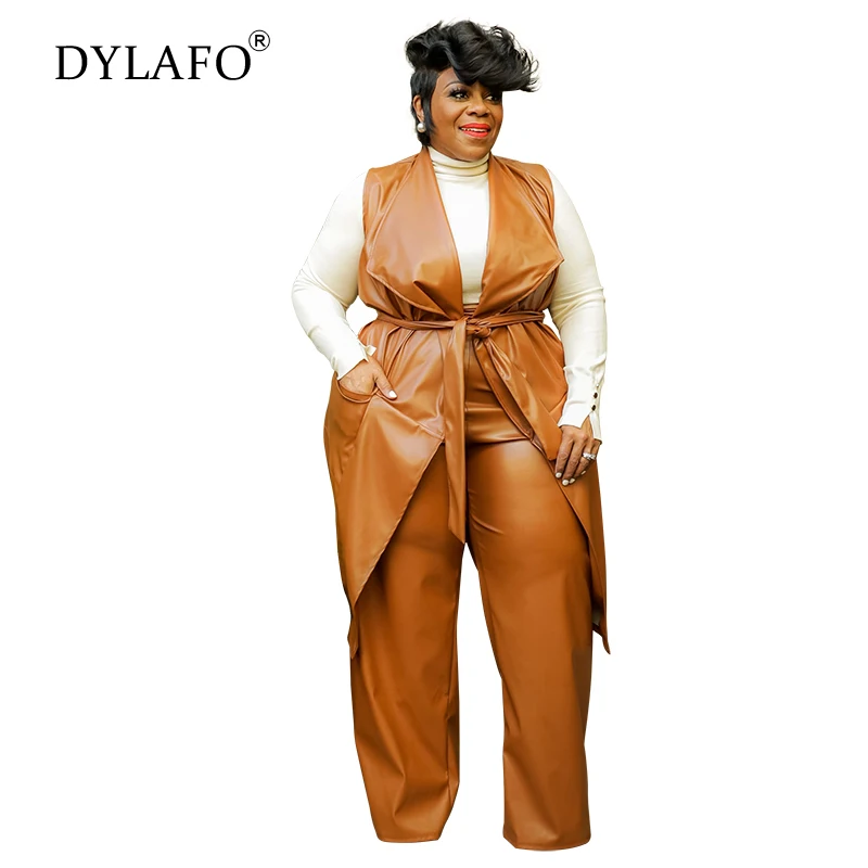 

Plus Size Women Leather Suit Lapel Sleeveless Faux Leather PU Long Waistcoat Wide-leg Pants Two-piece Set OL Causal Work Outfits
