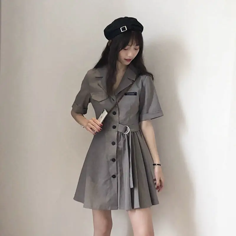 

MAGOGO Short-Sleeved Asymmetrical Personality Dress Slim Temperament Waist Slimming College Style Pleated Dress Women