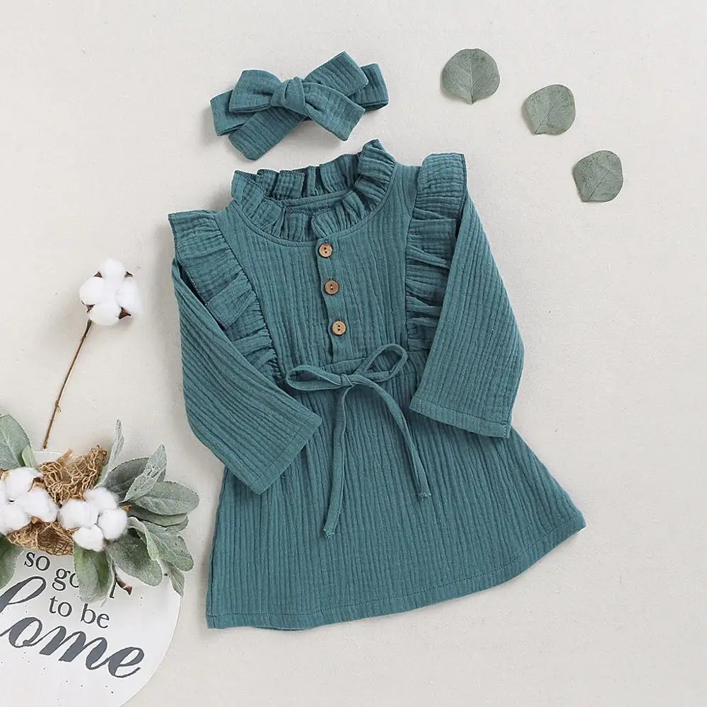 Платье принцессы для девочек льняное однотонное платье на пуговицах с рюшами и