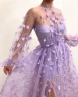 BridalAffair, новинка 2021 года, тюлевые платья для выпускного вечера с цветами, Элегантное длинное вечернее платье с высоким воротником и длинными рукавами для вечеринки