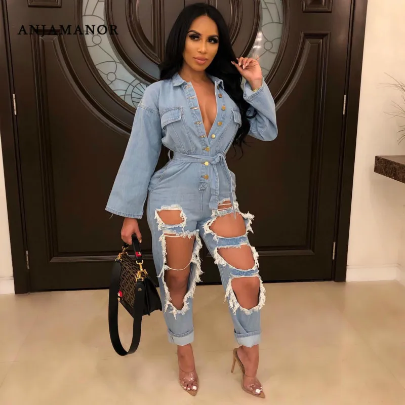 ANJAMANOR синий джинсовый сексуальный комбинезон для женщин бойфренд рваные джинсы