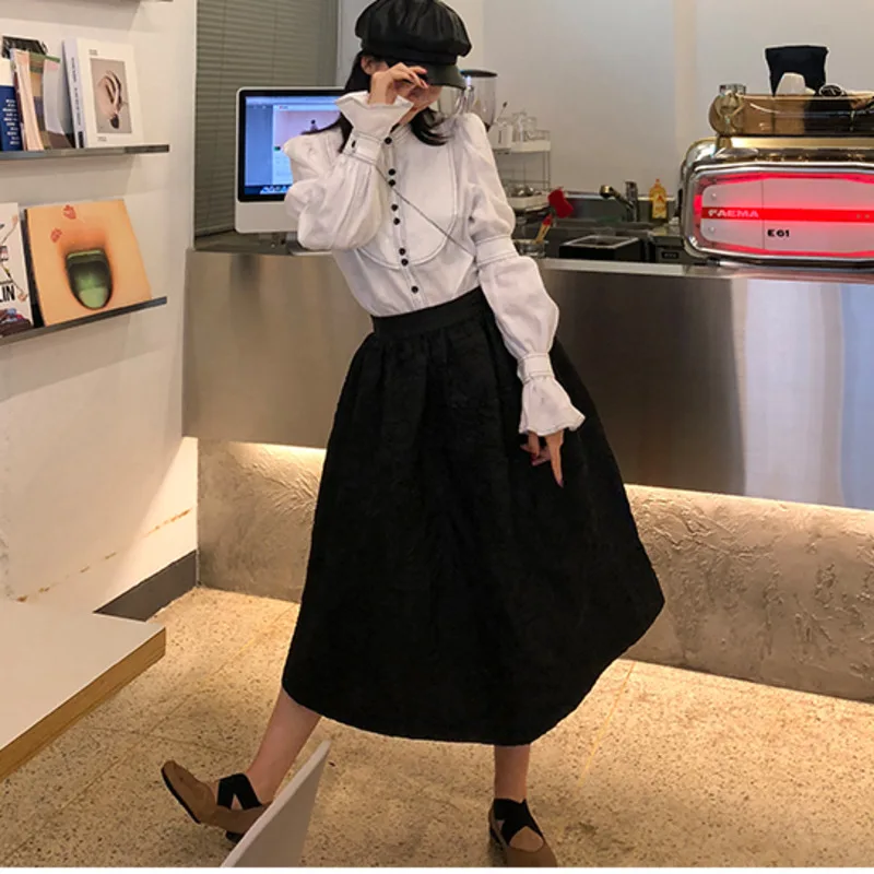 

DEAT Black Concise Style Prniting High Elastic Waist Half-body Ball Gown Long Skirt Women Fashion Tide New Spring summer 2021
