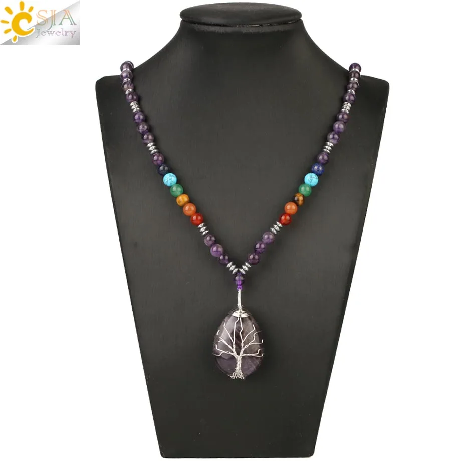 Amethyst Chakra CSJA натуральный камень, Фиолетовый Кристалл длинное ожерелье Капля воды кулон "Древо жизни" проволочный обертывание бисером ожерелье s 7 Чакра Ювелирные изделия S480 - Окраска металла: Amethyst Chakra