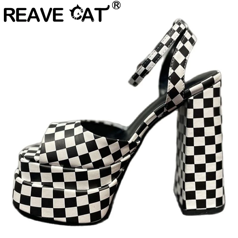 

REAVE CAT Lady Platform Sandals Peep Toe High Block Heels Ankle Strap Plaid Upper Fashion Big Size 34-43 Black Summer Sexy S3063