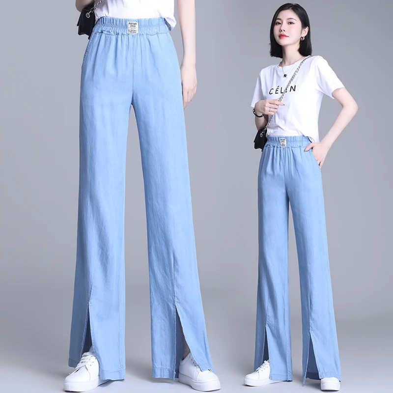 

Корейские джинсы с разрезом Tencel, широкие брюки, прямые брюки, весна-лето, Модные свободные джинсы, брюки с широкими штанинами для женщин