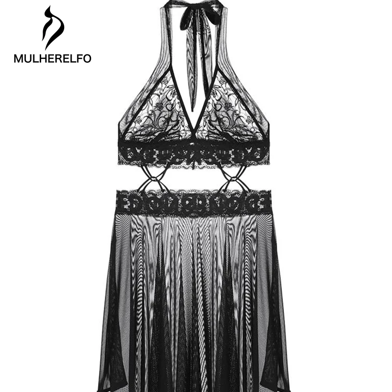 

Lace Halter Bow Women Sexy Mini Nightdress Temptation Lingerie Mesh Stitching Sleepwear Bandage See-Through Female Nightgown