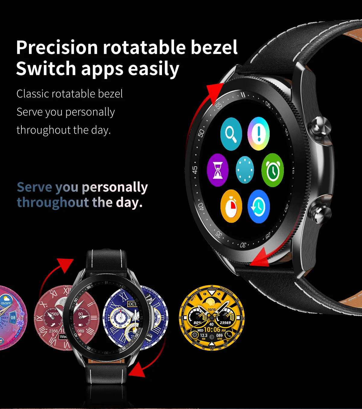 W3 мужские и женские умные часы вращающийся экран Bluetooth Вызов пульсометр