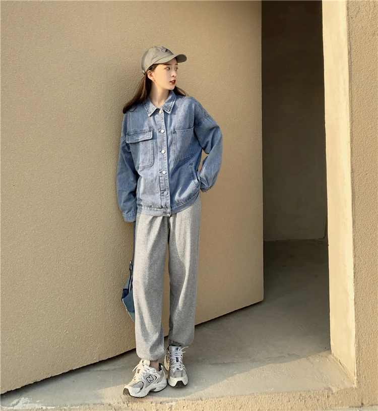 

Women's Denim Jacket 2021 Korean Solid Lapel Long Sleeve Casual Blue Jacket Outwear Autumn Loose Jeans Cool Black Coats Female