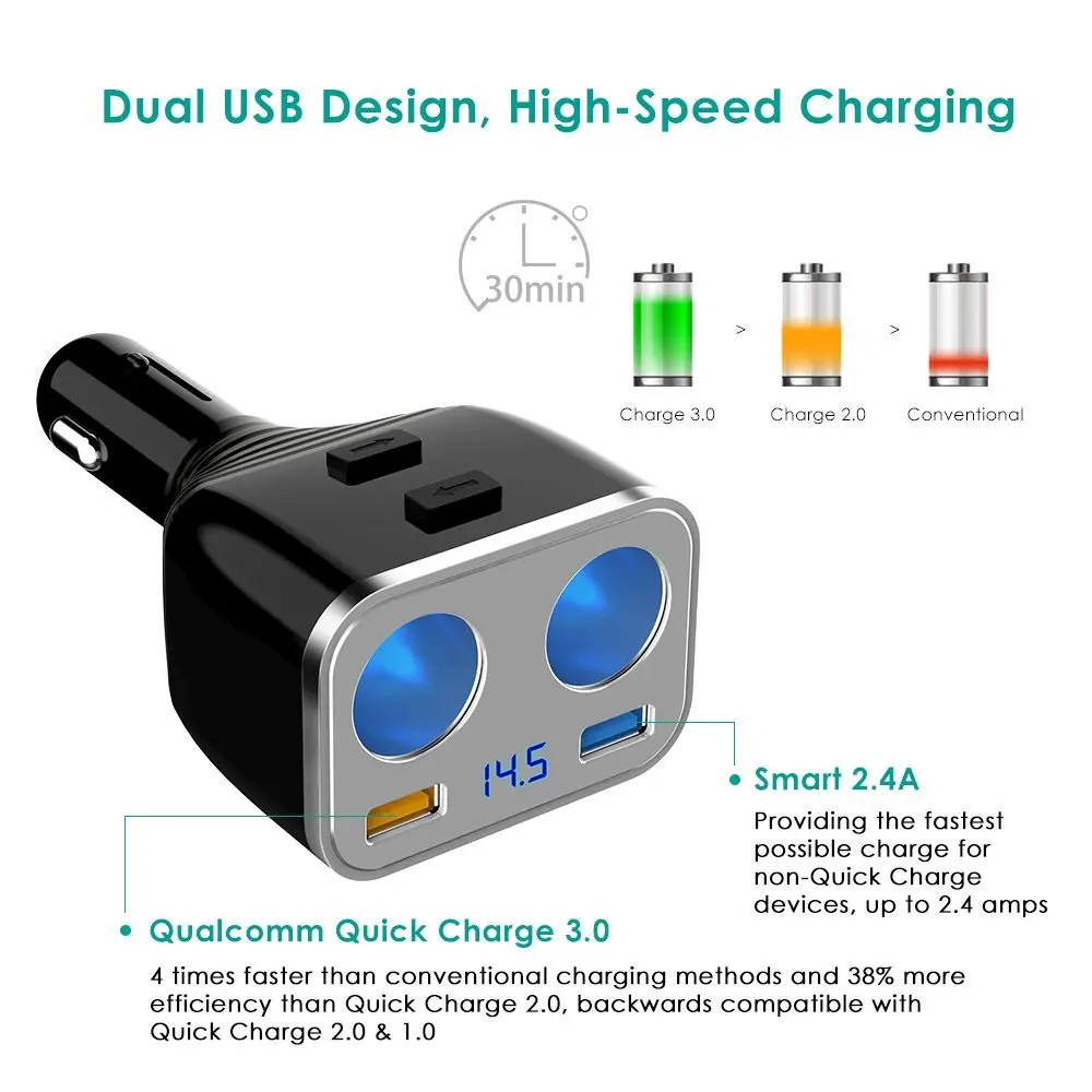 USB Quick Charge 3 0 Автомобильное зарядное устройство 80 Вт 2 гнезда прикуривателя