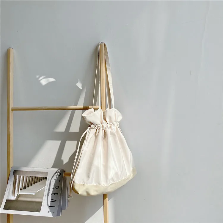 

Kajie Korean Style Girl Bag 2020 New Solid Color Personalized Pleated Canvas Bag Drawstring Soft Surface Canvas Shoulder Bag