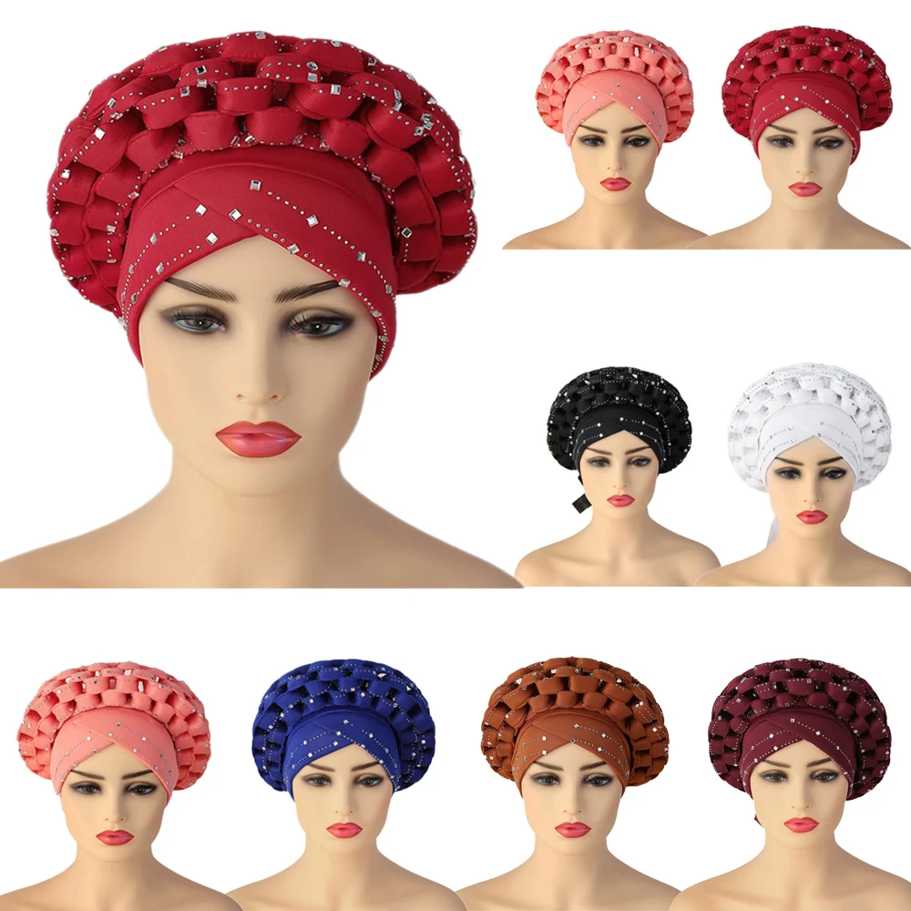 

2021 New African Auto Gele Aso Oke Headties Muslim Turban Caps Nigerian Wedding Gele Ready To Wear Autogele Head Wraps Indian